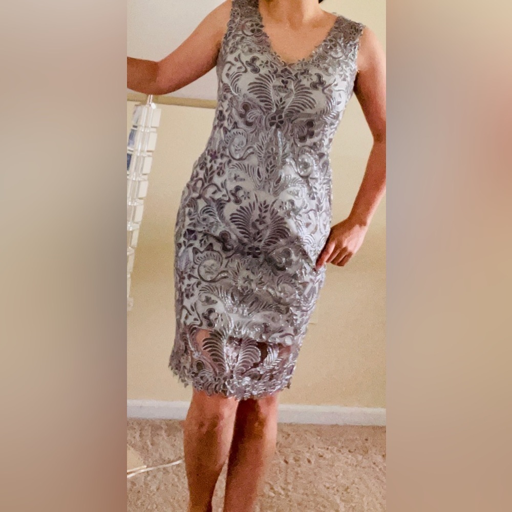 Gorgeous olive/silver color lace dress by Tadashi Shoji size 6